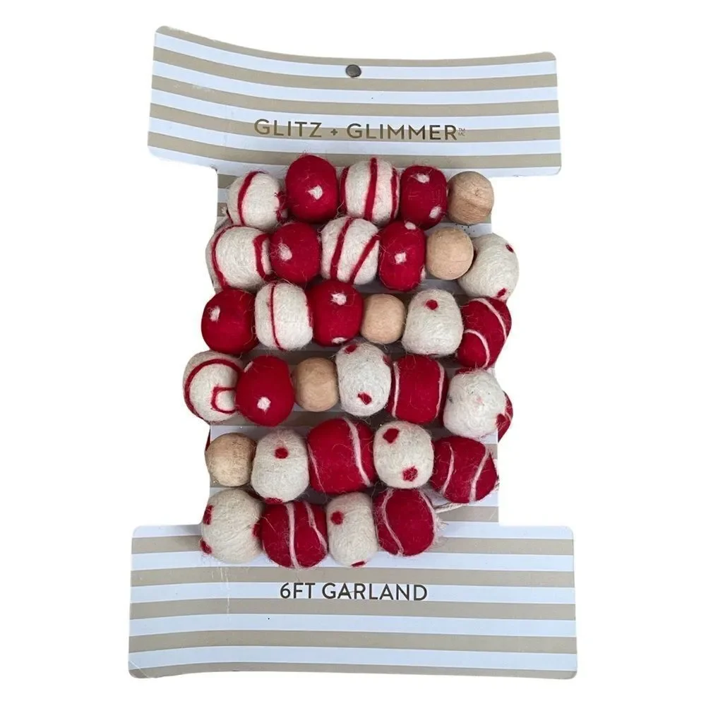 Glitz + Glimmer Red & Ivory Felt Poms & Wood Beads 6’ Tree Garland NWT